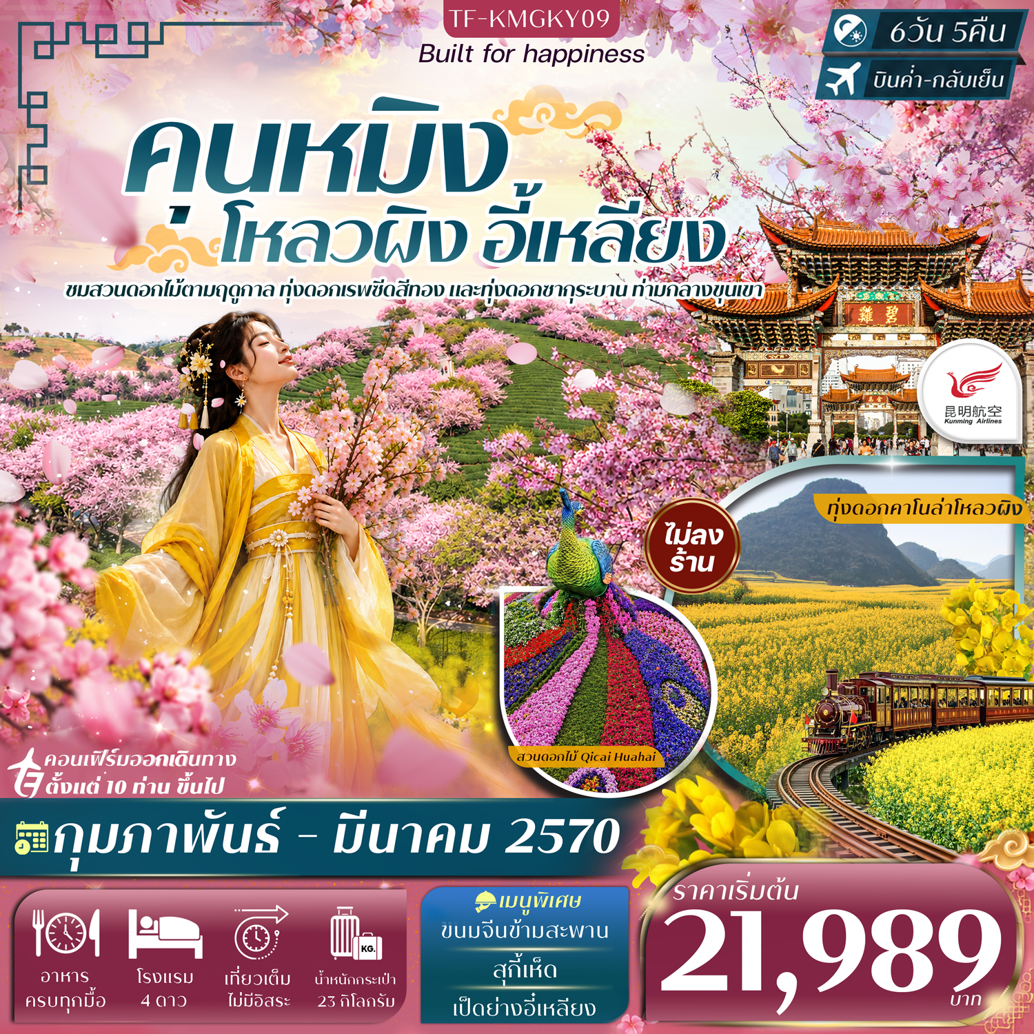 CN398: TF-KMGKY09 คุนหมิง โหลวผิง ชมดอกมัสตาร์ด อี้เหลียง ชมสวนซากุระ 6วัน 5คืน Kunming Airlines (KY) #ทัวร์ไม่ลงร้าน (เดินทาง ก.พ.-มี.ค. 2570)